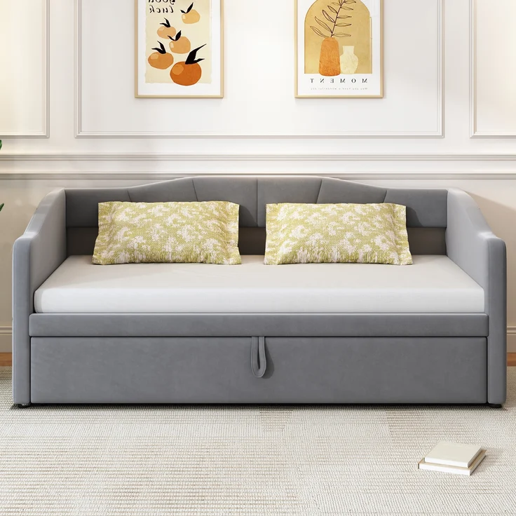 Polsterbett, Ausziehbares Schlafsofa 90/180 × 200 cm mit Lattenrosten, Multifunktionsbett aus hautfreundlichem Samtstoff, Samtstoff, Grau, 90/180 × 200 cm – Bild 3