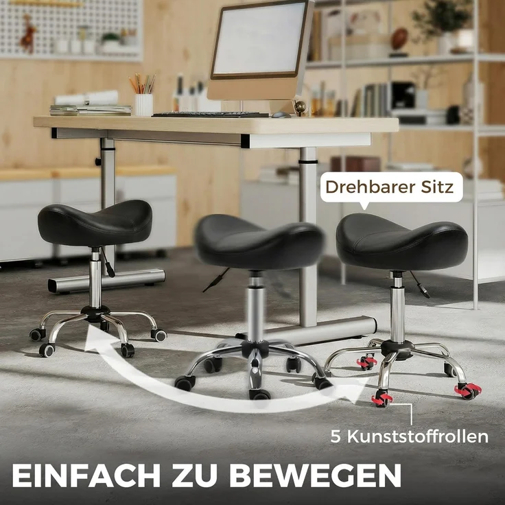 HOMCOM Rollsitz Samt-Touch mit Rädern, Rollhocker höhenverstellbar (Salonstuhl, 1 St, Salonhocker), für Wohnzimmer, Schwarz – Bild 5