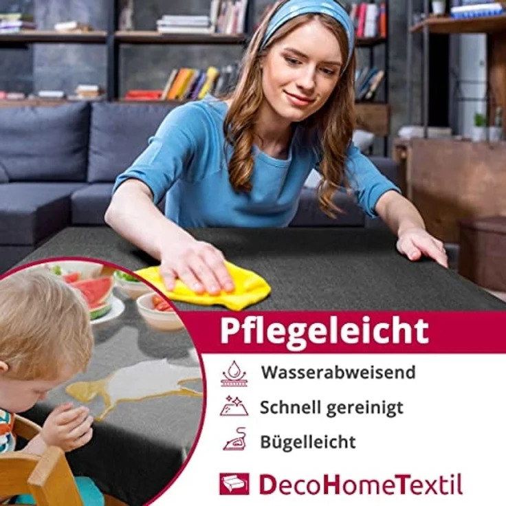 DecoHomeTextil Leinen Optik Tischdecke, Rechteckig 130x280 cm Hellgrau, wasserabweisend, fleckenabweisend, abwaschbar, Lotuseffekt, bügelfrei – Bild 2