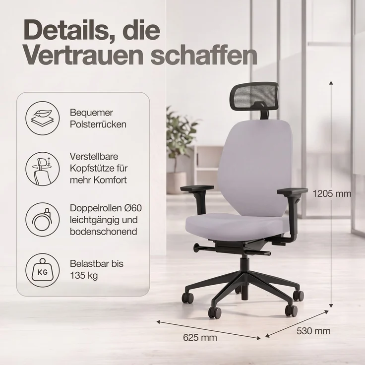 ASSMANN Ergonomischer Bürostuhl Atessa mit Polsterrücken und Kopfstütze Hellgrau 63x53x121cm Textil – Bild 6
