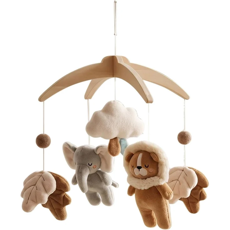 Safari Dschungel Plüsch Baby Mobile,Elefant Löwe und Blätter Holz Handgemachte Windspiel für Babybett, Mobile Baby für Jungen und Mädchen, Kinderzimmer Deko Geschenk Neugeborenen (Safari Dschungel)