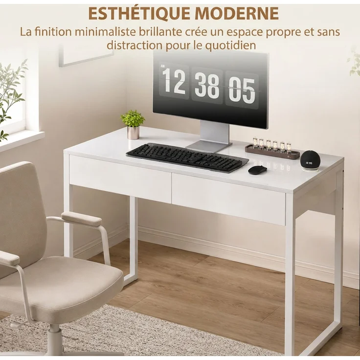 Schreibtisch mit 2 Schubladen, Computertisch 100 x 50 cm, moderner Schreibtisch mit Stahlgestell, für kleine Räume, Hochglanzweiß – Bild 6