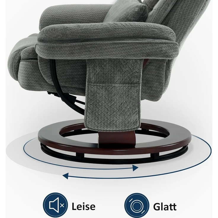 Relaxsessel mit Liegefunktion, 360°Drehbarer Fernsehsessel mit Hocker, bis 120 Kg Belastbarer TV-Sessel für Wohnzimmer, mit Kissen & Seitentasche, Lesesessel Bequem, 9099 (Grau-Stoff) – Bild 5