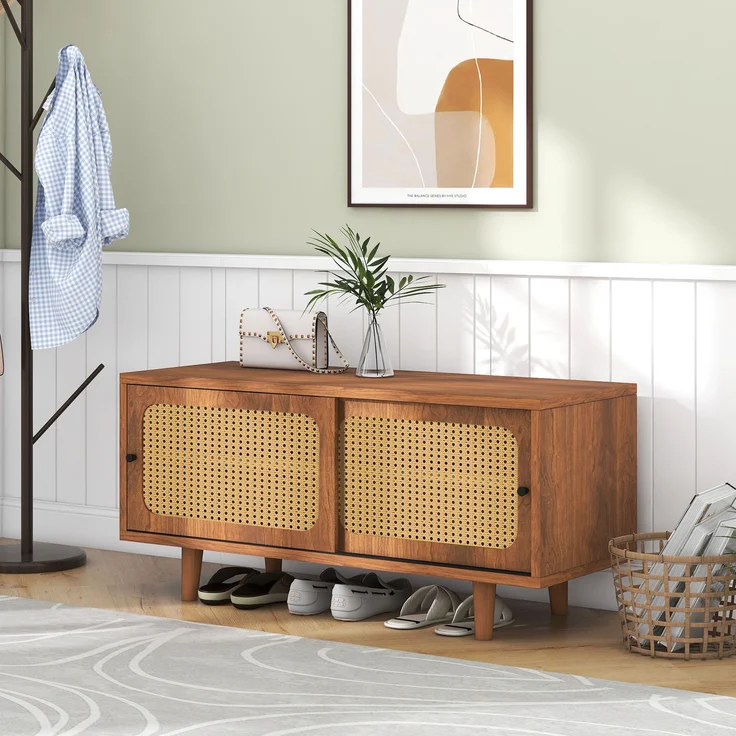 Flurschrank, 104x40x48 cm, Walnuss-Schuhschrank mit Rattantüren & verstellbaren Böden – Bild 3