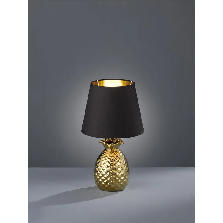 LED Tischleuchte Keramik Ananas Gold mit Stoffschirm Schwarz Gold, Höhe 35cm