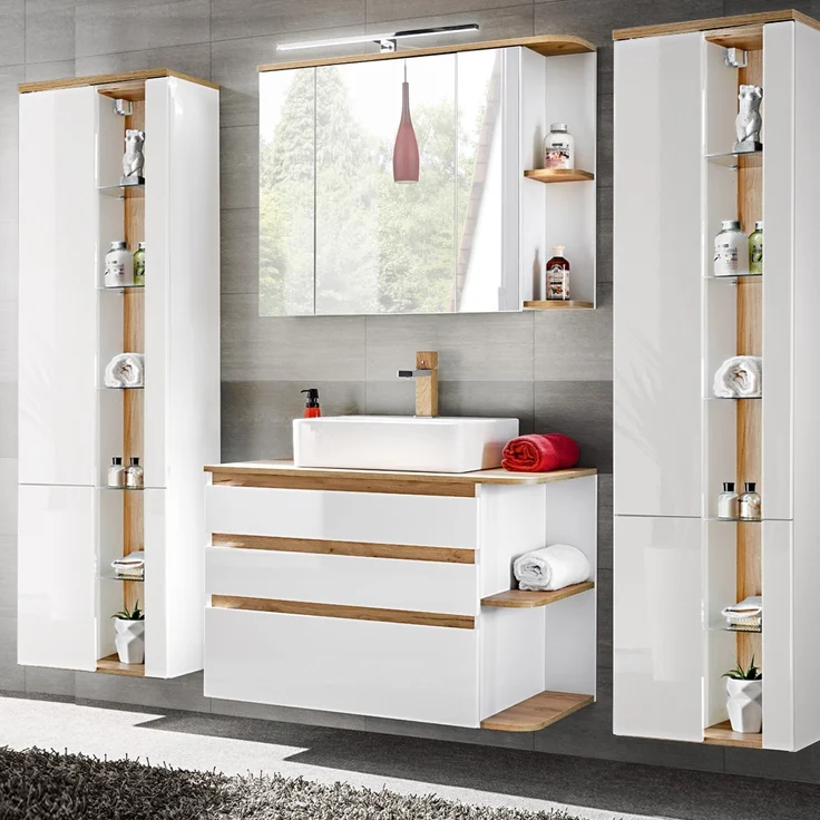 Badmöbel Set mit Keramik-Waschtisch CAMPOS-56, Hochglanz weiß mit Wotaneiche, 2 Hochschränke B/H/T: ca. 214/200/50 cm – Bild 1