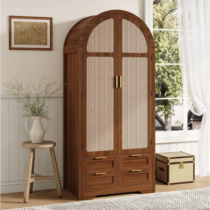 DESVIAE Garderobenschrank Nussbaum aus MDF – 80x180x50 cm – Rattantüren, Schubladen – Bild 2