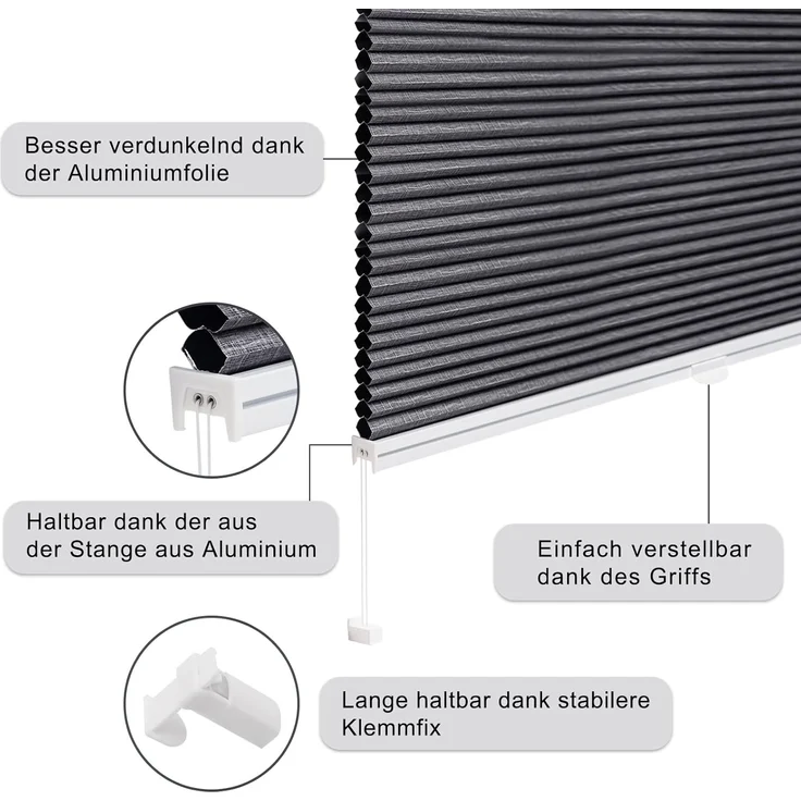 WOLTU Wabenplissee ohne Bohren Verdunklung Thermo Doppelplissee Klemmfix Zweifarbig 90x120 cm Dunkelgrau-Weiß, Plissee Faltrollo Sonnen-, Sicht- & Schallschutz, Jalousie Plisseerollo für Fenster & Tür – Bild 4