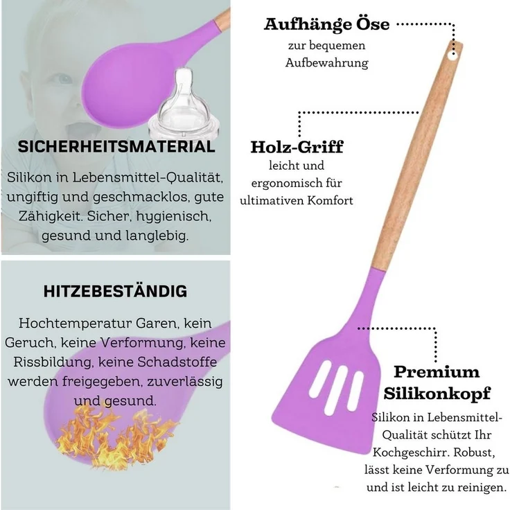 Küchenhelfer Set 12-tlg Silikon, Holzgriff, versch. Farben Violett – Bild 3