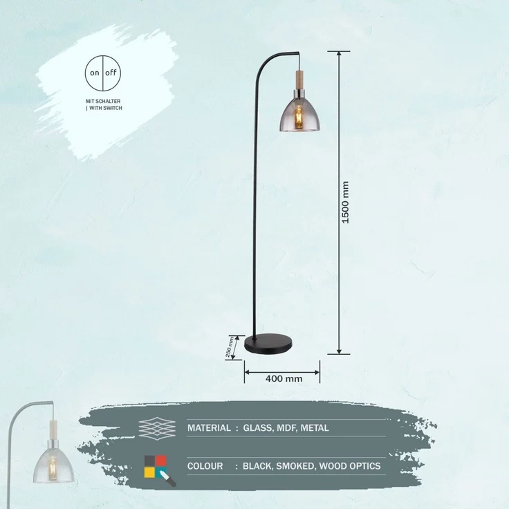 Stehleuchte Wohnzimmer Rauchglas Stehlampe Schwarz Standleuchte Standleuchte – Bild 8