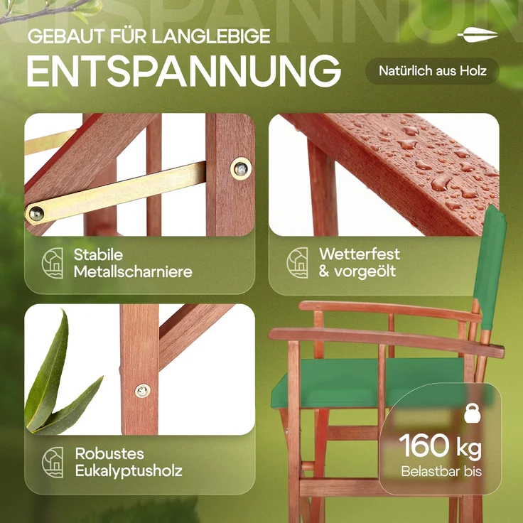 CASARIA® 2er Set Regiestuhl aus FSC® Eukalyptusholz Grün – Bild 3