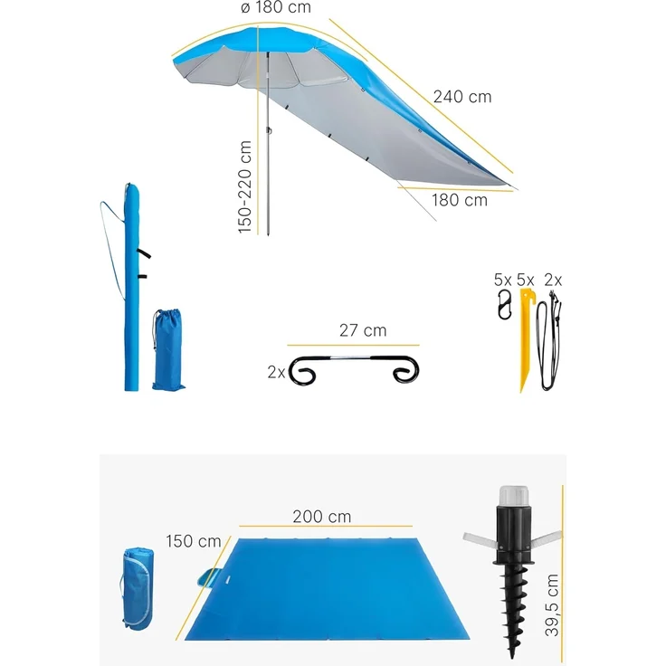 4smile Sonnenschirm 5er-Set Blau, Ø 180 cm, Vielseitiger Sonnenschirm Strand, windfester Strandschirm, Schirmständer Erdspieß, Sonnensegel Strand, Faltbare Stranddecke, Sonnenschirm Schutzhülle – Bild 5