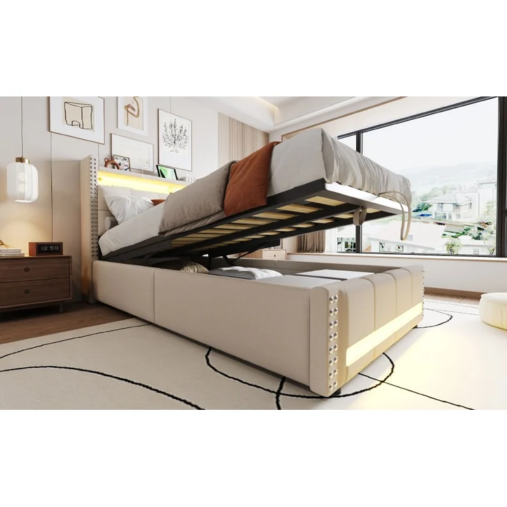 EINHOM Polsterbett Kinderbett 90 x 200 cm mit LED-Beleuchtung und USB-Steckdose, Kopfteil mit Einlegeböden und Stauraum, mit Hydraulik für die Lagerung, Einzelbett, Leinenstoff Beige, (Ohne Matratze) – Bild 6