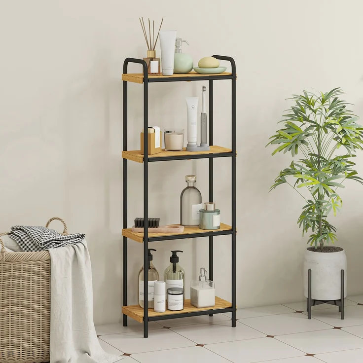 Badezimmerregal, schmaler, freistehender Aufbewahrungsregal mit 4 Ebenen aus Bambus, 1,5 x 21,5 x 106 cm, Naturholzoptik – Bild 3