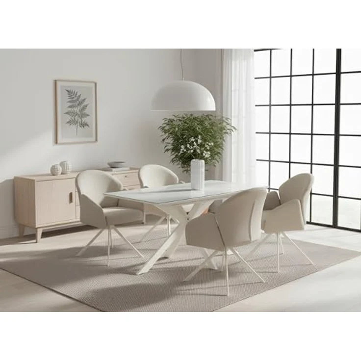 Hela Tische, Auszugstisch Esstisch Fenja, Glasauflage Keramikoptik beige, Schweizer Kante,Stern-Metall-Gestell Cremé mit Arretierung, Maß 140-180x90cm – Bild 2