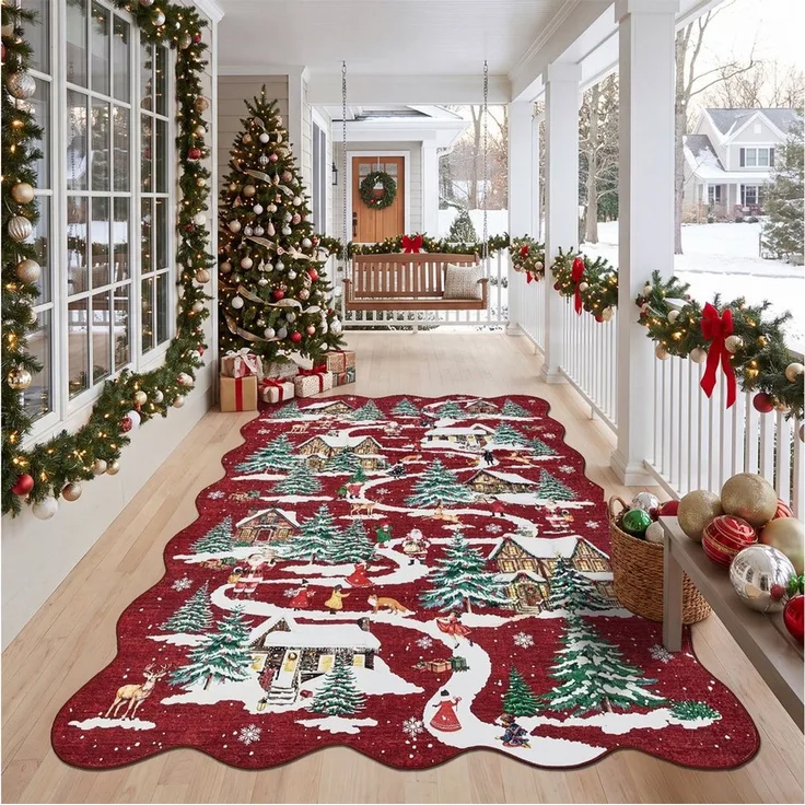 GarveeMore Teppich Roter Weihnachtsteppich mit Winterlandschaft – Festlicher Dekoteppich, Höhe: 5 mm
