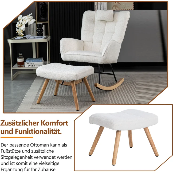 Schaukelstuhl-Set, mit Kopfkissen & Fußhocker, Sessel 65x47x92 cm, Hocker 49x38x38 cm, Weiß – Bild 9