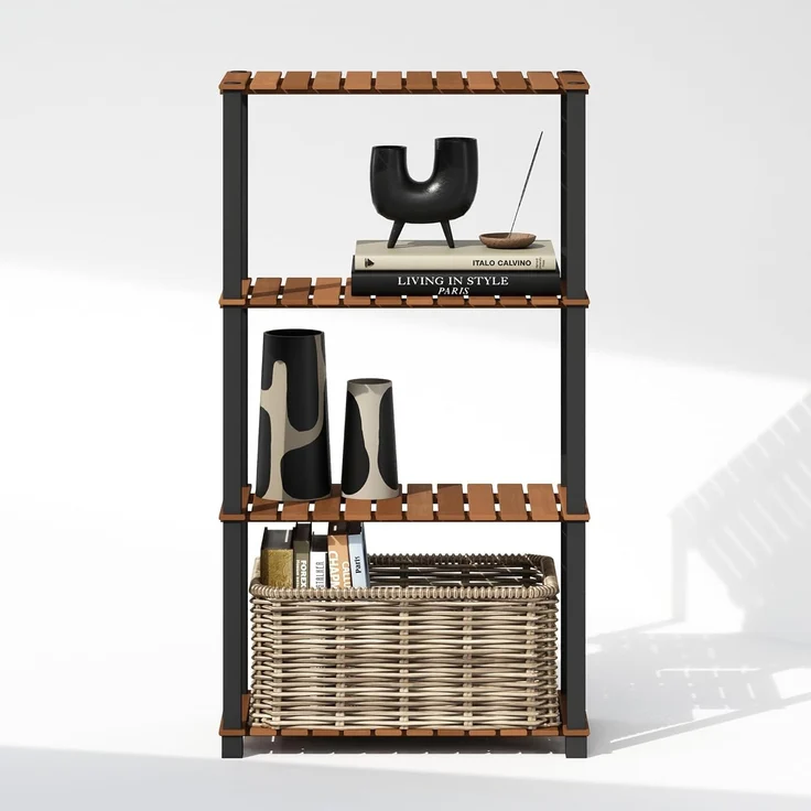Furinno Turn-N-Tube Ausstellungsregal, 4-stufiges Aufbewahrungsregal, Bücherregal, Eckregal mit Holzlatten, für Innenbereich, Außenbereich, Wohnzimmer, Helles Holz – Bild 4