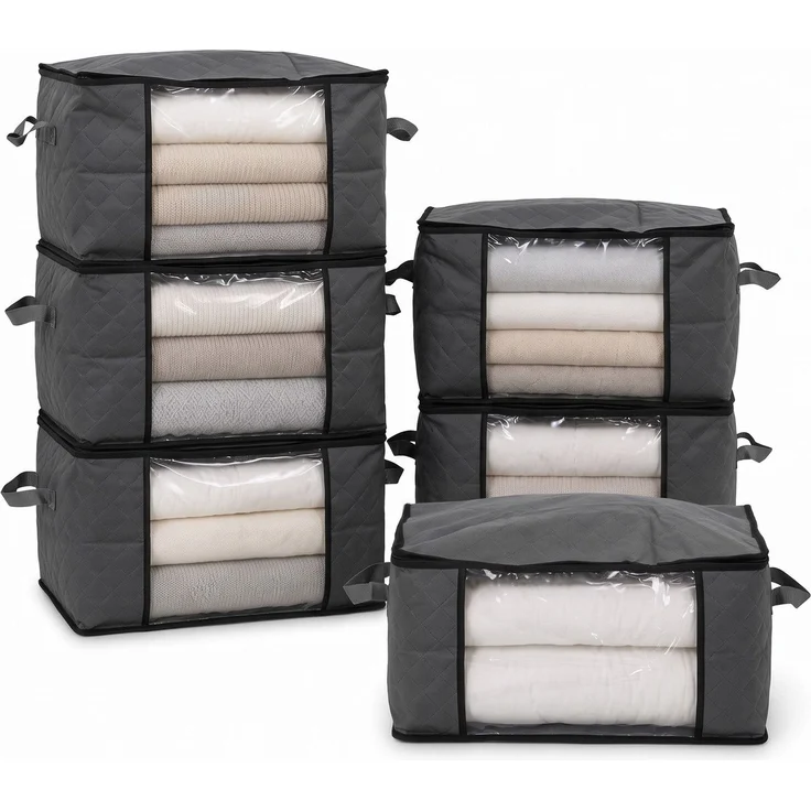 Sekey Faltbare Aufbewahrungstasche Aufbewahrungsbox mit Deckel Reißverschluss und Griffen als Kleiderschrank Organizer für Kleidung Bettwäsche und Bettdecken 60 x 43 x 35 cm 6-teilig – Bild 1