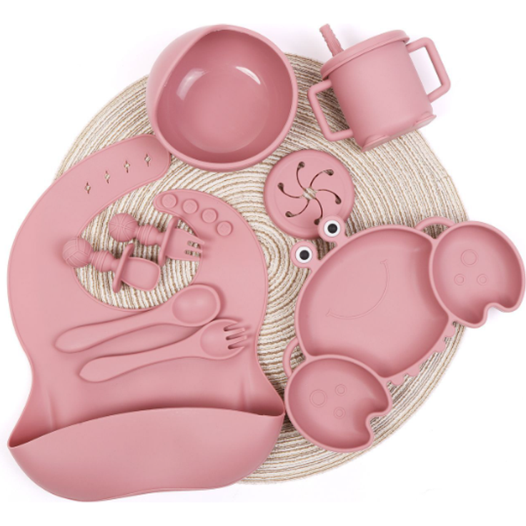 ABC Silikon-Babygeschirr-Set mit Saugnäpfen, 8-teiliges Set, Kinder-Essgeschirr-Set, beinhaltet rutschfeste Teller, Schüsseln, Becher, Löffel und Gabeln, BPA-frei (grün) – Bild 3