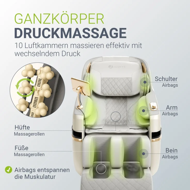 Juskys Massagesessel Naxos, mit LCD-Bedienfeld, Bluetooth, Airbags, Heizung, Rollenmassage, USB & Fußverlängerung, Fix-Point-Technologie - Weiß/Hellgrau – Bild 6
