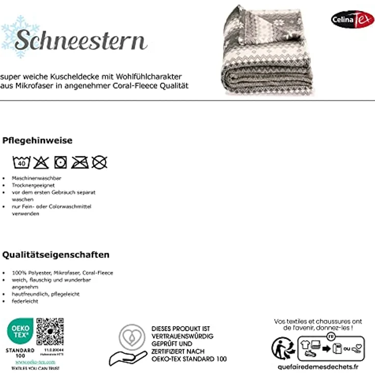CelinaTex Flauschige Kuscheldecke 150x200 cm grau und Creme weiß Decke Sofa Wohndecke weich Mikrofaser Fleece Oeko-TEX Schneestern – Bild 8
