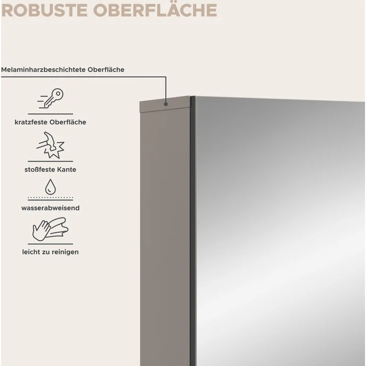 xonox. home – Spiegelschrank Mone 60 x 55 x 17 cm in Kaschmir Nachbildung – Badspiegel mit 1 Spiegeltür, 4 geschlossenen & 1 offenem Fach – Stilvolle Optik, kompakt & eine perfekte Ergänzung für Ihr Bad – Bild 9