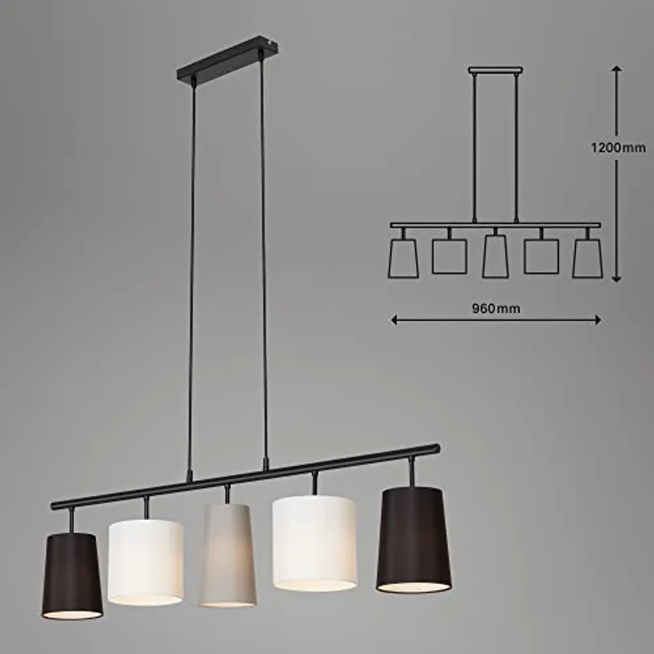 Briloner Pendelleuchte Shades, Hängelampe mit 5 Stoffschirmen in Schwarz, Grau und Weiß, 40 W, IP20, 96 x 120 cm – Bild 3