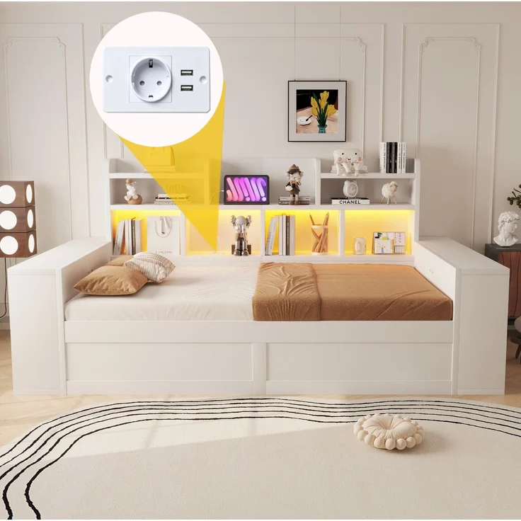 Schlafsofa mit hydraulischem Stauraum & LED-Beleuchtung, 90x200 cm, Weiß, ohne Matratze – Bild 3