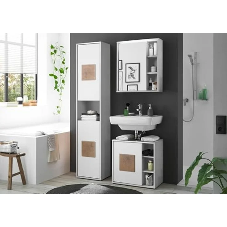 GREECE Spiegelschrank Bad mit LED-Beleuchtung in Weiß - Badezimmerspiegel Schrank mit viel Stauraum - 60 x 70 x 20 cm (B/H/T) – Bild 7