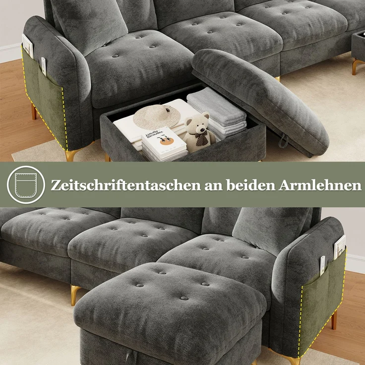 ZUBALIYA SchlafSofa mit Stauraum, mit Chenille - Bezug, mit Samtbezug, mit Knopfheftung, mit breiten Armlehnen, Grau – Bild 16