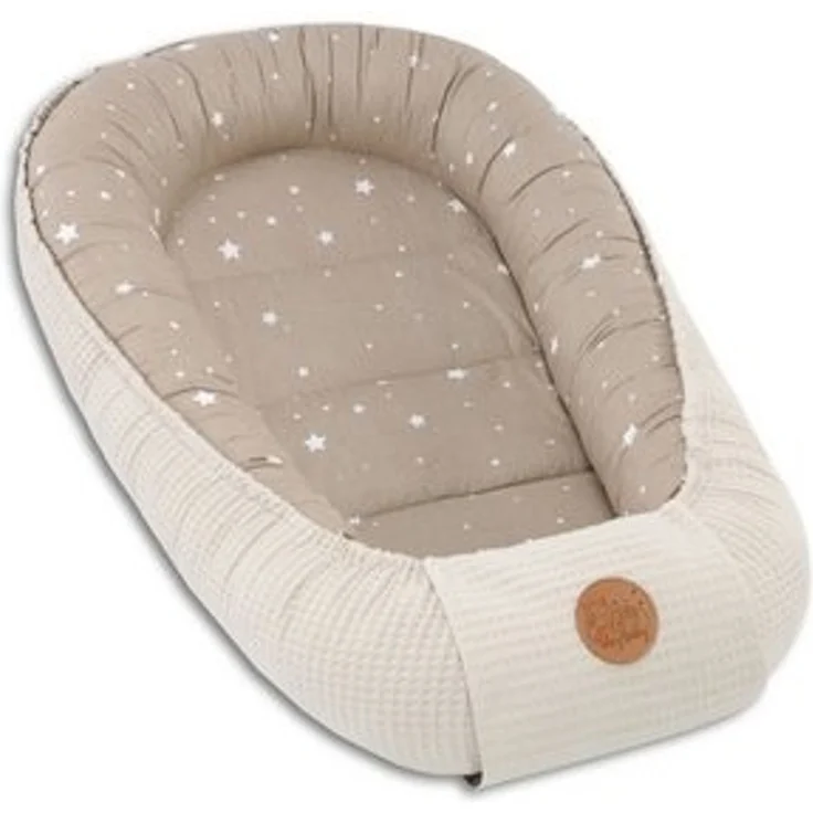 Babynest Neugeborene Nestchen Baby 90x50 cm - Kokon Handmade zweiseitig aus Baumwolle Waffel mit Babynestchen Beige mit Weiß Sternen – Bild 6