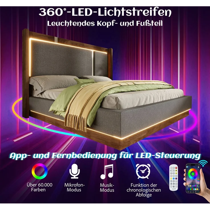 LVHOM Doppelbett 180 x 200cm, Polsterbett mit hydraulischem Stauraum, Boxspringbett mit LED und hohem Kopfteil, Linen, Beige – Bild 4
