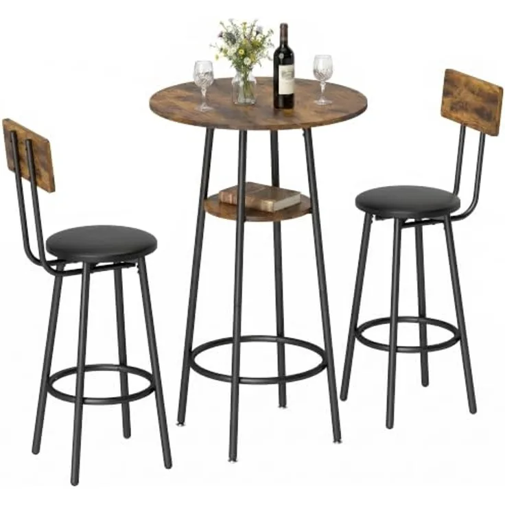 HOMCOM Bargruppe Bartisch mit Barhocker-Set Esstisch mit 2 Gepolsterten Stühlen, (Set, 3-tlg, 1 Tisch, 2 Hocker), Gepolsterte Barhocker, offene Ablage, platzsparend