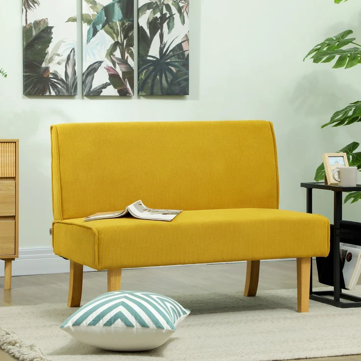 Zweisitzer-Sofa mit Cord-Bezug, dicker Polsterung und soliden Holzbeinen für Wohnzimmer, Schlafzimmer, Büro, Gelb--Gelb--110x62x85cm--YOUDENOVA – Bild 4