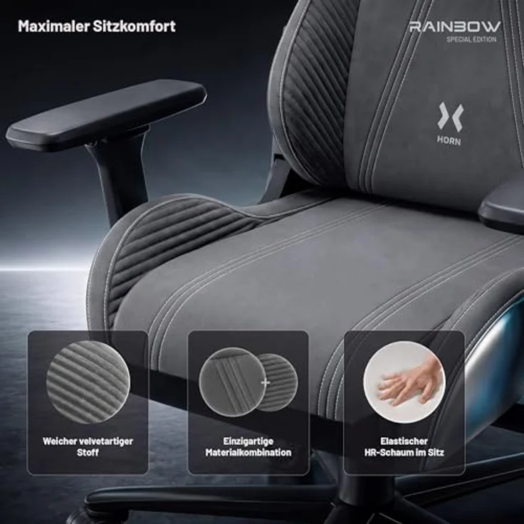 Diablo Gaming Stuhl ergonomisch Stoff Gaming Chair 140 kg belastbar Bürostuhl Gamer Stuhl mit 3D Armlehnen Lendenkissen Kopfkissen Wippfunktion Verstellbarer Rückenlehne Rainbow Grey – Bild 10