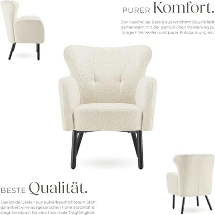 tectake Relaxsessel Polstersessel mit Bouclé-Bezug, Belastbarkeit 120 kg, 72 x 71 x 92 (Fernsehsessel Vänersborg, in Creme), breite Armlehnen, ergonomisch, Stahlbeine, höhenverstellbar – Bild 4