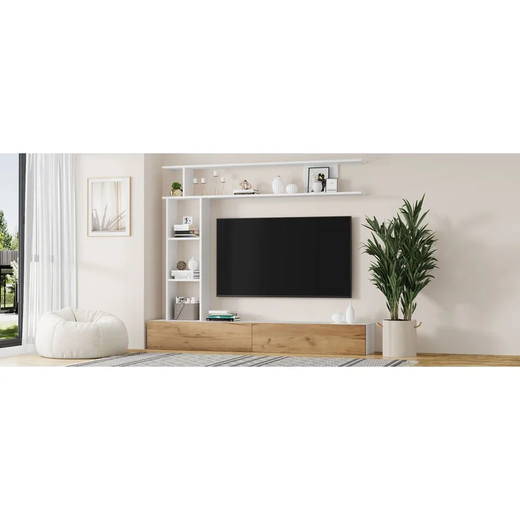 180*35*22.5cm TV Wohnwand-set mit Vitrinen,Mediawand inkl. TV-Board, Standregal und Wandregal,TV Wohnzimmermöbel-Set,TV-Schrank, stehend&hängend,TV bis 80',Weiß + Holzfarbe--Weiß + Eiche--95.99x36.5x16.99cm--YOUDENOVA – Bild 9