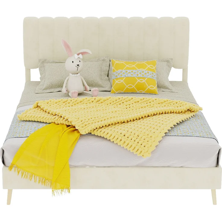 Novelux Modernes Polsterbett 140x200 cm mit weichem Kopfteil – Stabiler Holzbettrahmen aus holländischem Samt Beige, Plattformbett ohne Matratze – Bild 10