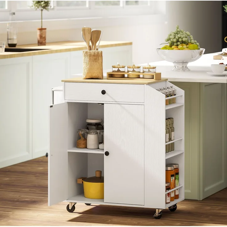 Küchenwagen 82cm×38cm×86.5cm mit Rollen, Schublade und Schrank – weiß mit Arbeitsplatte in Eichenholzdekor