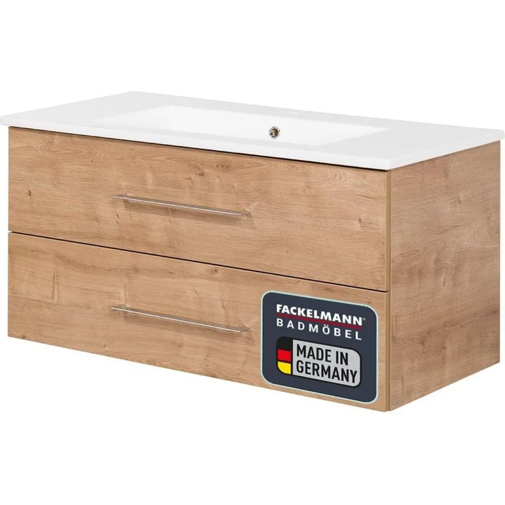 FACKELMANN B.PERFEKT Waschbecken mit Unterschrank 103 cm breit, Braun hell, Waschbecken Keramik Weiß
