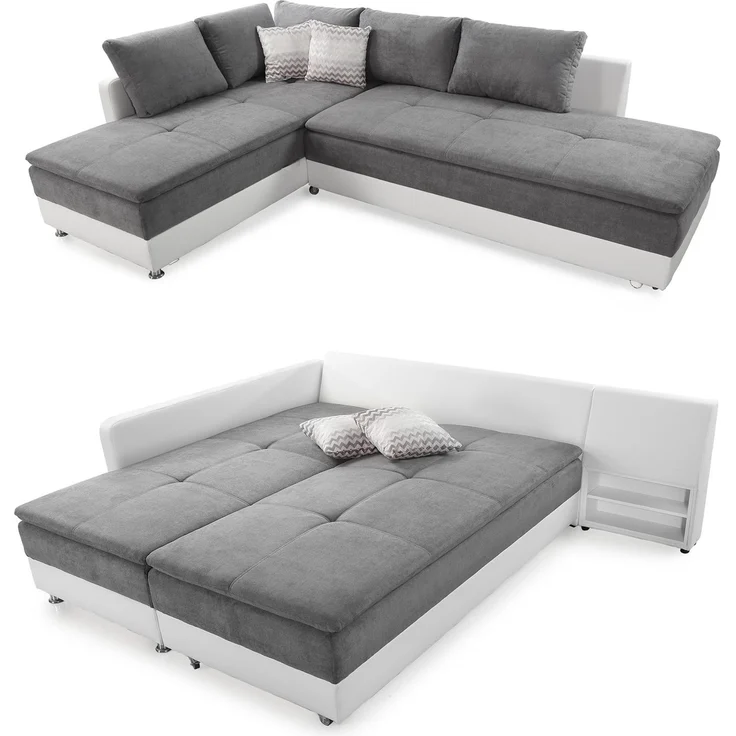 Ecksofa-Dauerschläfer Doppelbett Federkern Bettkasten Couch in Hellgrau Weiß – Bild 1