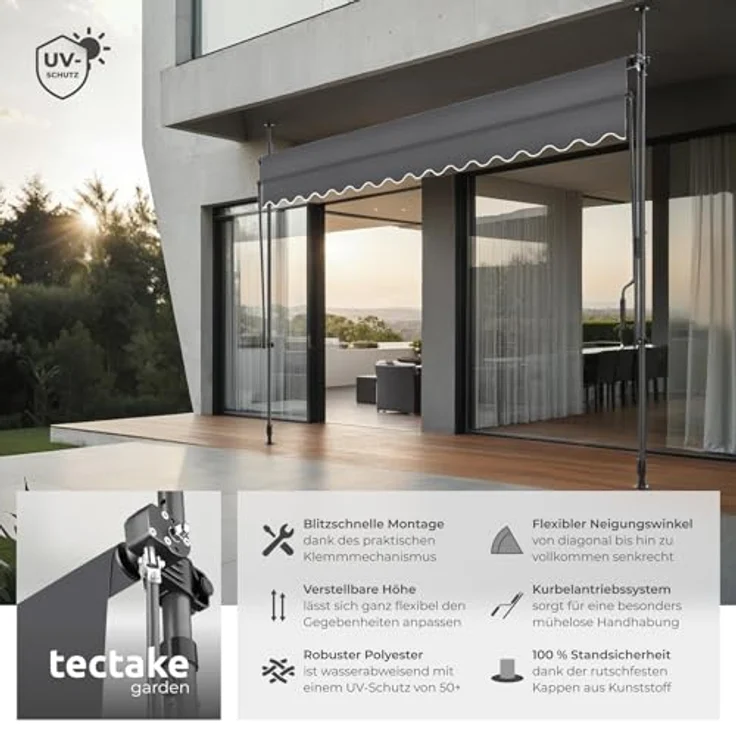 tectake® Klemmmarkise mit Handkurbel, Balkon Markise ohne Bohren, Markise höhenverstellbar, UV-beständig, wasserabweisend, Terrassenüberdachung, Sonnenschutz Terrasse & Balkon, 350 cm - schwarz/grau – Bild 3