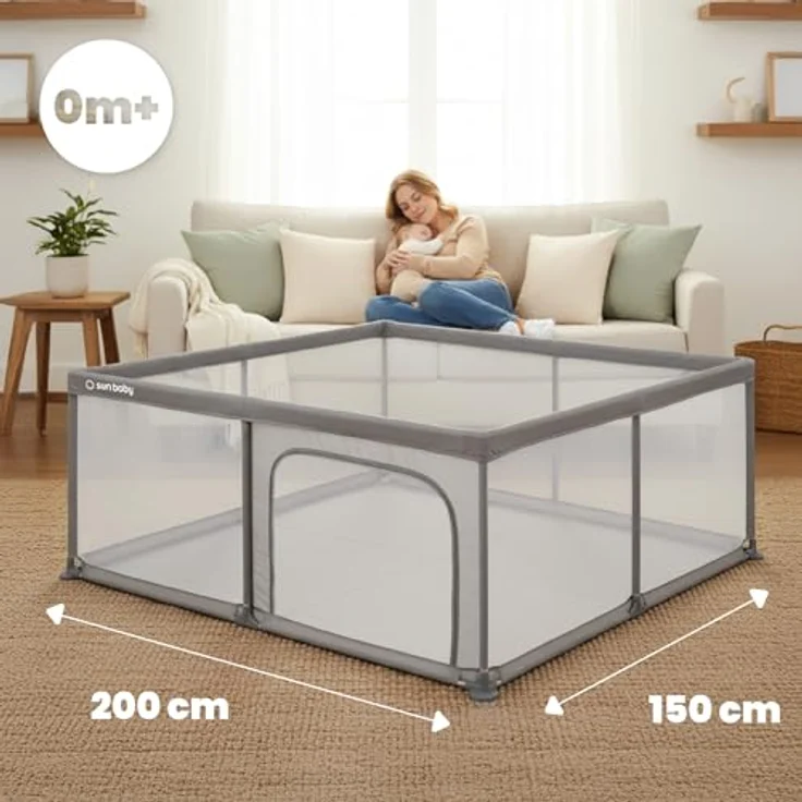 sun baby Laufstall 150x200 cm 0-2 Jahre Grau, Polyester, Netzwände, Eingang mit Reißverschluss, rutschfeste Füße, Tragetasche im Set, Metallrahmen – Bild 3