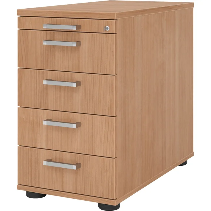 bümö Schreibtisch Schrank abschließbar, Schubladenschrank Holz in Nussbaum, Container mit Schubladen - Schubladen Schrank Büro, Schreibtisch Container od. Schreibtisch Kommode mit Chromgriffe, SC50-N-N-CE