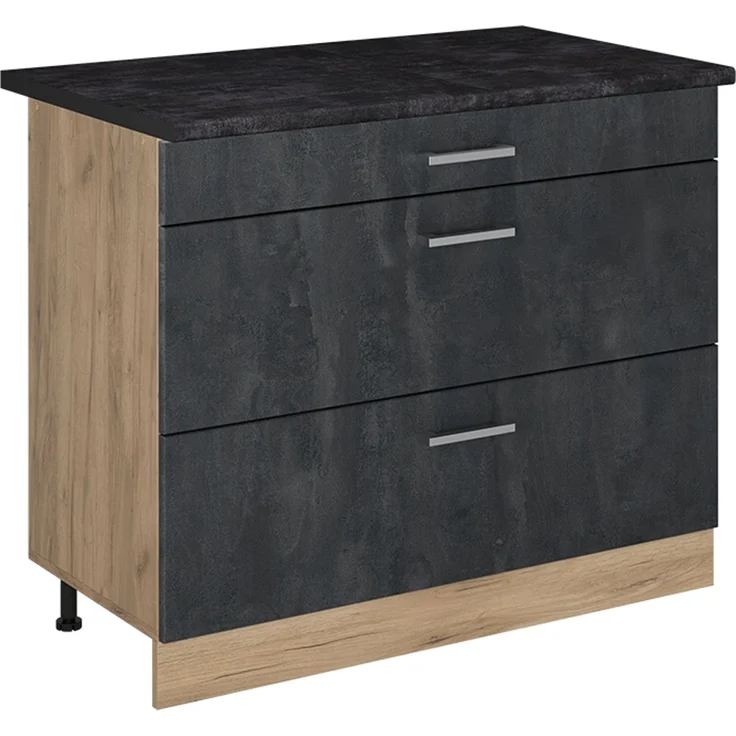 Küchenunterschrank R-Line Schwarz Beton/Goldkraft Eiche 100 cm Arbeitsplatte Anthrazit Vicco – Bild 1