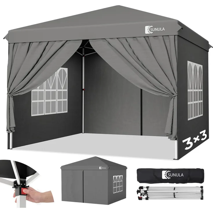 Sunula Pavillon 3x3 Wasserdicht Stabil Winterfest mit 4 Seitenwänden - 2026 Version, Faltpavillon 3x3 m mit Verdickten Röhren, Partyzelt Gartenpavillon Faltzelt (Grau)