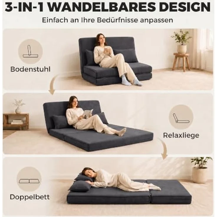 HOMCOM Bodenkissen 3 in 1 Schlafsofa Klappsofa mit 2 Kissen und Verstellbarer Rückenlehne, 3-in-1, 5-fach verstellbar, 2 Kissen – Bild 4