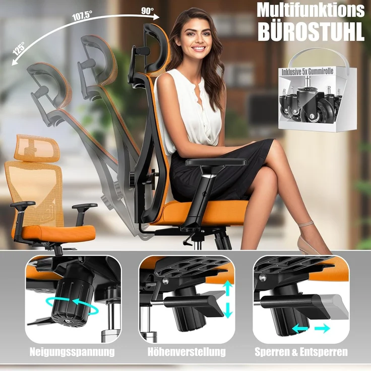 KESSER® Bürostuhl mit verstellbaren Armlehnen | Drehstuhl mit Lendenwirbelstütze Rückenschonend | Schreibtischstuhl ergonomisch mit Kopfstütze | Office Chair Wippfunktion bis 125° mit 5x Gummirollen Orange / Silber – Bild 3