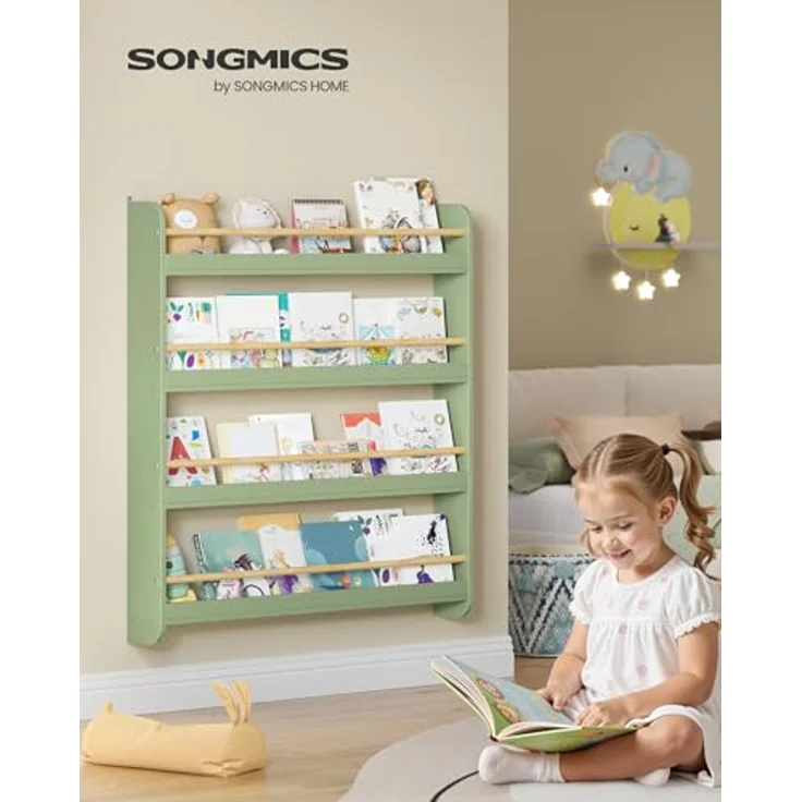 SONGMICS Bücherregal Kinder, Kinderregal mit 4 Ebenen, Spielzeugregal, Wandregal, für Kinderzimmer, Spielzimmer, lorbeergrün-naturfarben GKR014CE02 – Bild 4